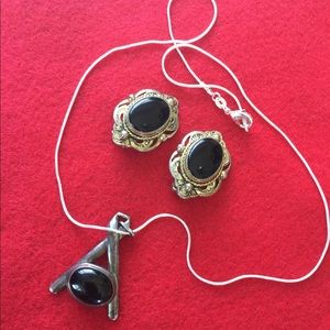 onyx stone silver set necklace and earrings